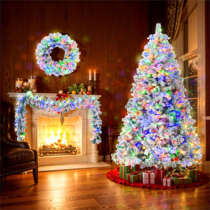 6FT Snow Flocked Christmas Tree, Pre-Lit Set with Tree, Garland & Wreath