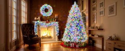 6FT Snow Flocked Christmas Tree, Pre-Lit Set with Tree, Garland & Wreath