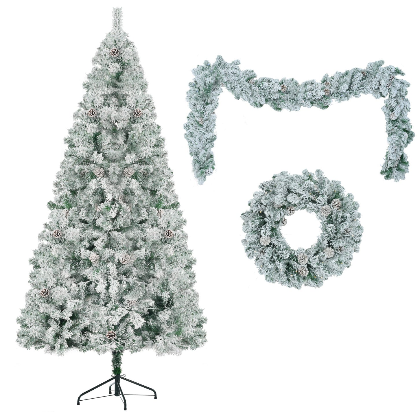 6FT Snow Flocked Christmas Tree, Pre-Lit Set with Tree, Garland & Wreath