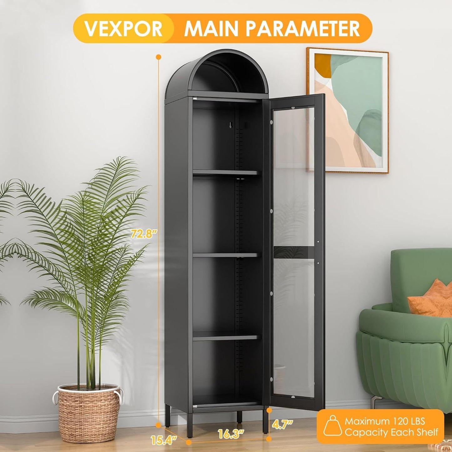 73” Metal Arched Glass Cabinet – Modern Tall Storage Cabinet for Kitchen, Living Room & Bedroom | Kalaka Living