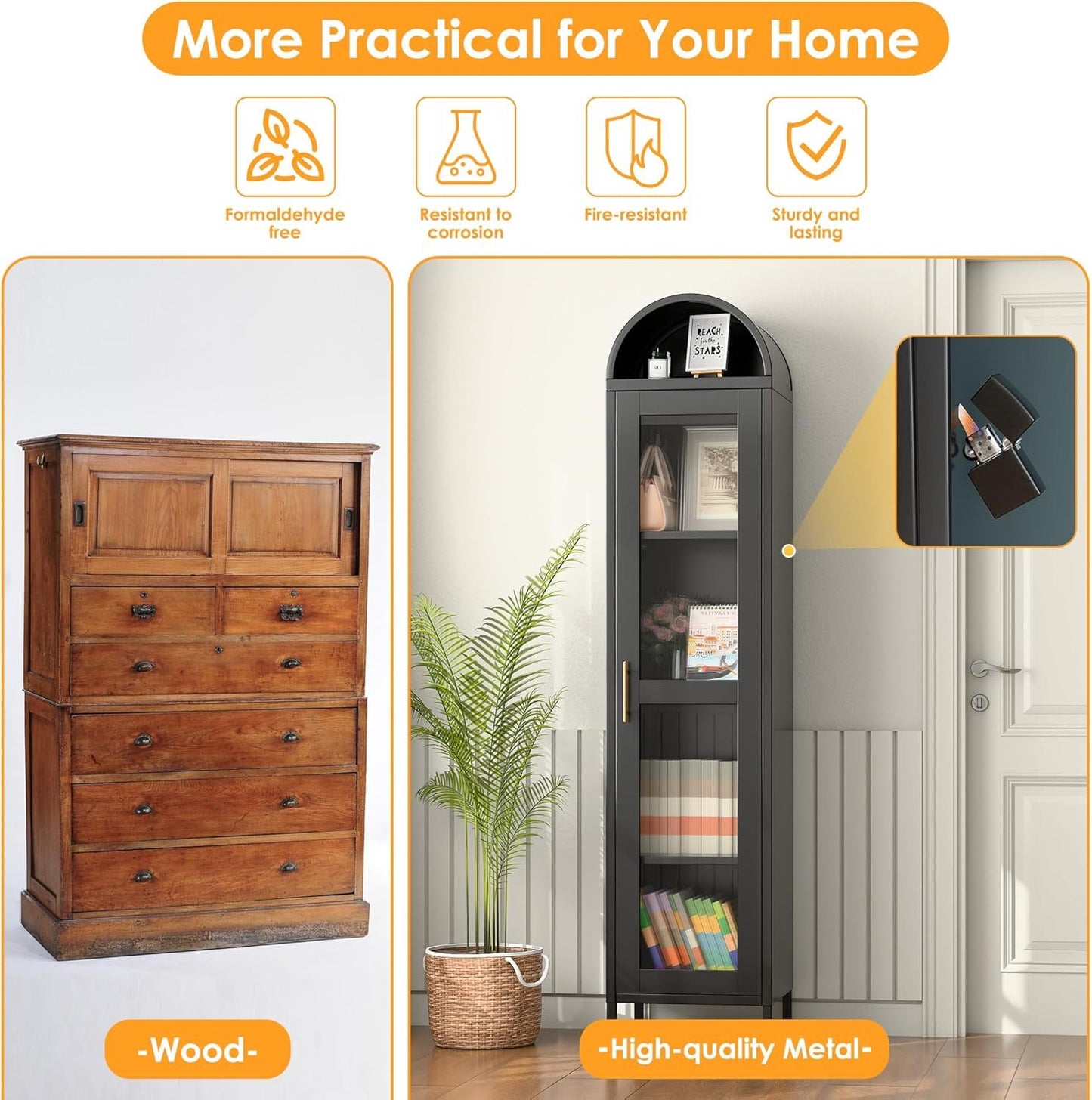 73” Metal Arched Glass Cabinet – Modern Tall Storage Cabinet for Kitchen, Living Room & Bedroom | Kalaka Living