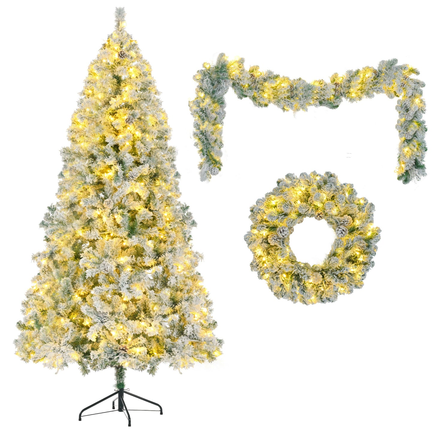 6FT Snow Flocked Christmas Tree, Pre-Lit Set with Tree, Garland & Wreath