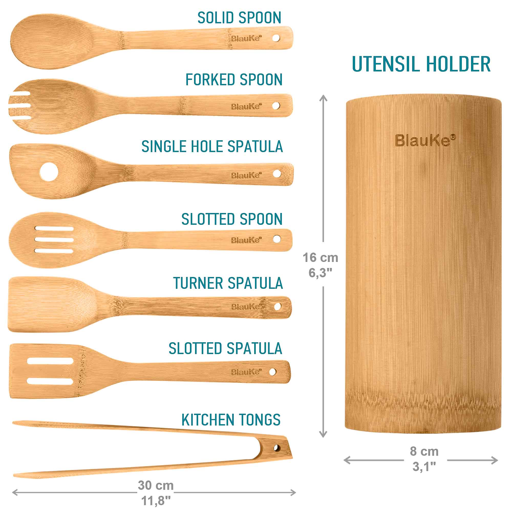 Utensilios de Cocina de Bambú | Juego 8 Piezas Ecológicas con Soporte