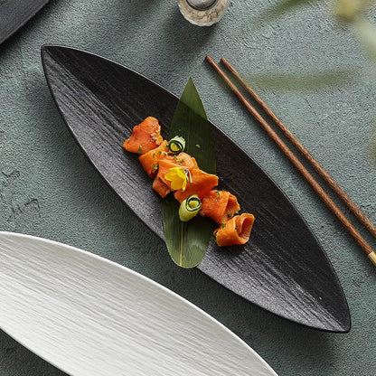 Plato de Cerámica con Forma de Hoja – Fuente Texturizada para Sushi o Aperitivos