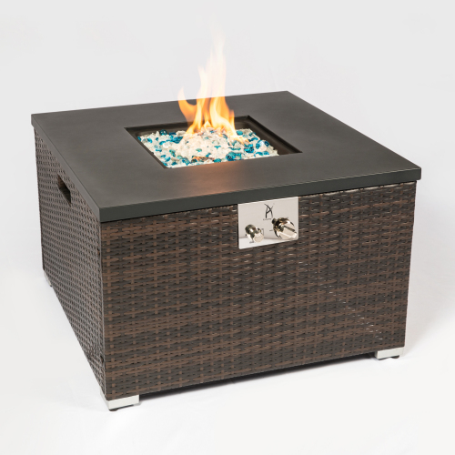 Mesa de Fuego Exterior a Gas – Ratán Marrón Oscuro, Diseño Moderno para Terraza y Jardín