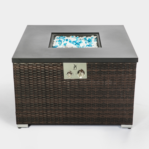Mesa de Fuego Exterior a Gas – Ratán Marrón Oscuro, Diseño Moderno para Terraza y Jardín