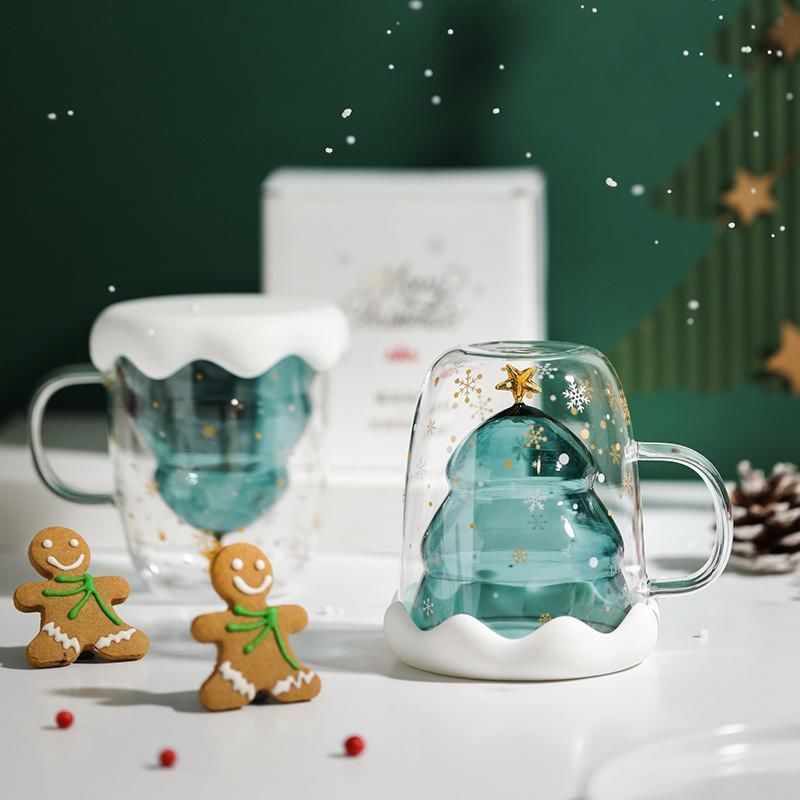 Taza de Vidrio Doble con Árbol de Navidad