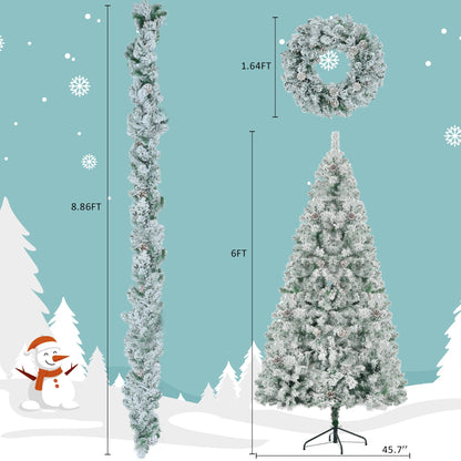 6FT Snow Flocked Christmas Tree, Pre-Lit Set with Tree, Garland & Wreath